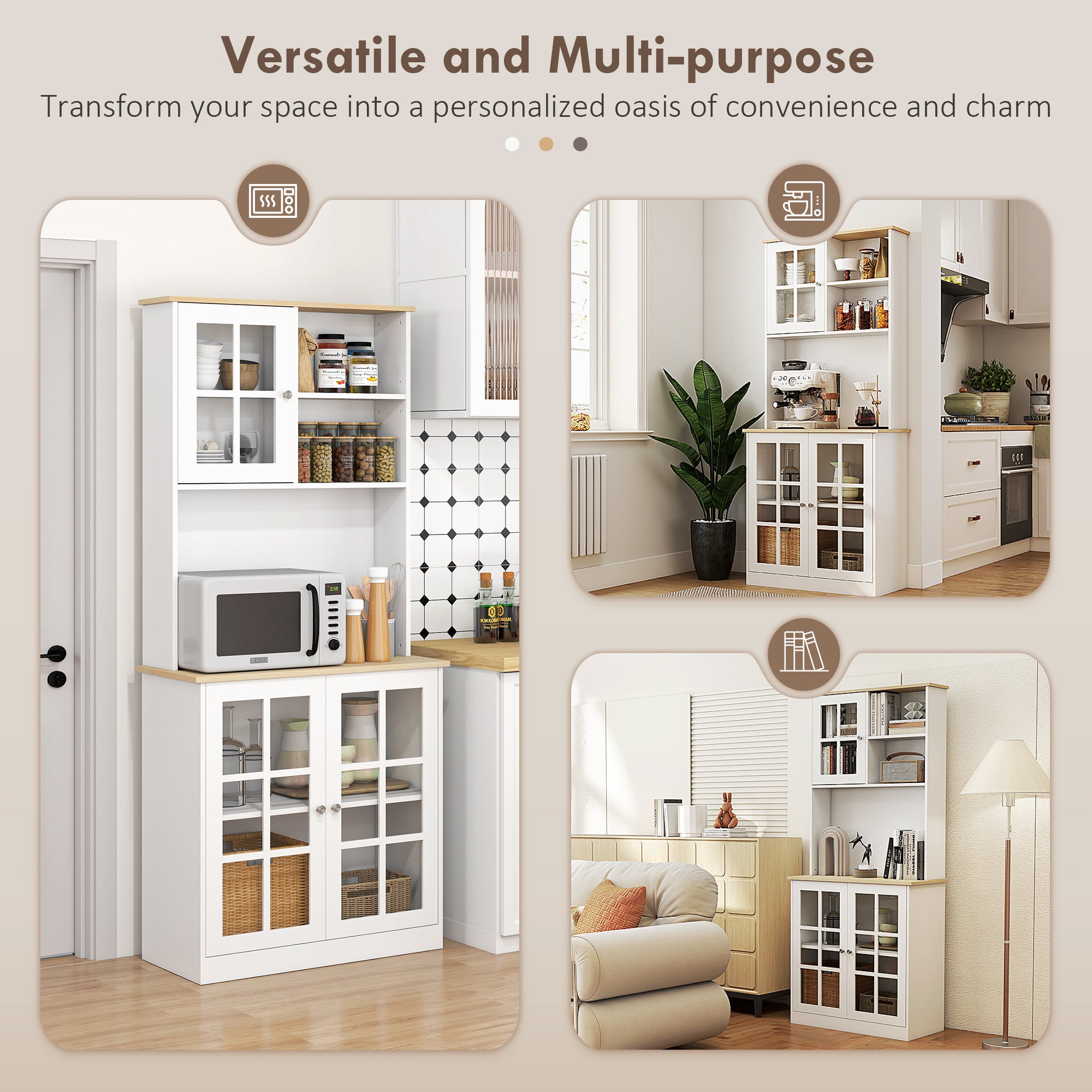 HOMCOM Freestanding Kitchen Cupboard, Storage Cabinet with Doors and Adjustable Shelves, Counter Top, Grid Glass Doors, 80L x 37W x 183H cm - White